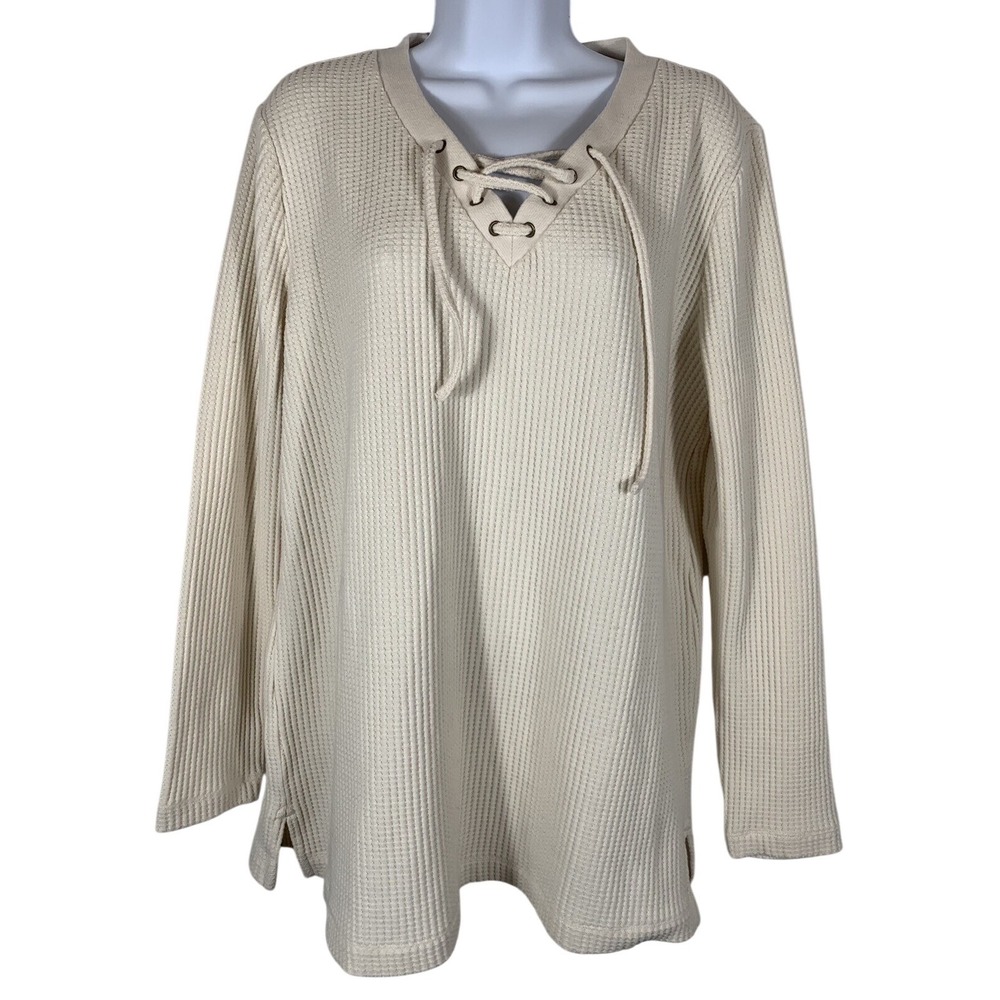 Lands End Women's Large Beige V-Neck Long Sleeve‎ Soft Cable Knit  Sweater -C27